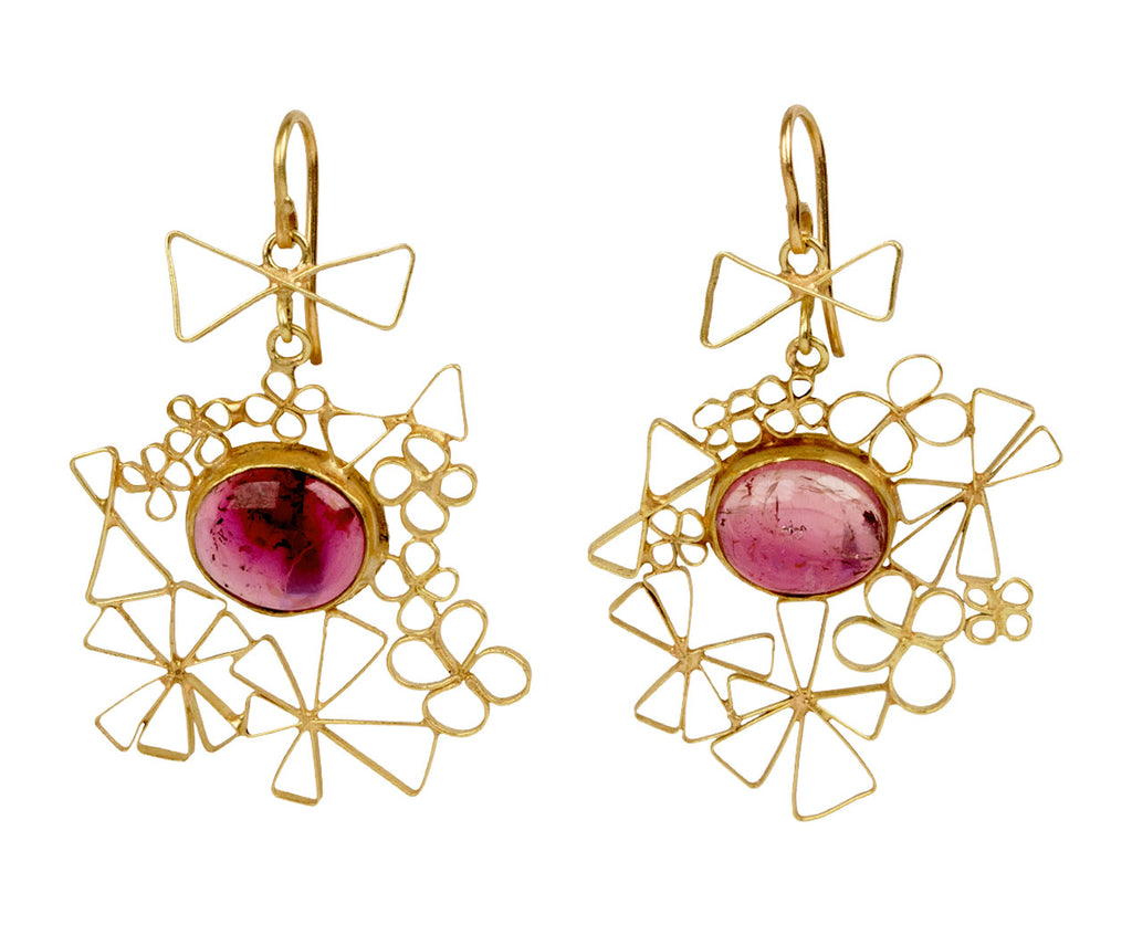 Judy Geib Pink Tourmaline and Starry Flowery Dangle Earrings