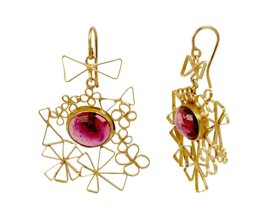 Judy Geib Pink Tourmaline and Starry Flowery Dangle Earrings Side View