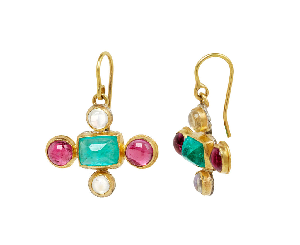 Lovely Emeralds Surrounded by Tourmaline and Moonstone Earrings