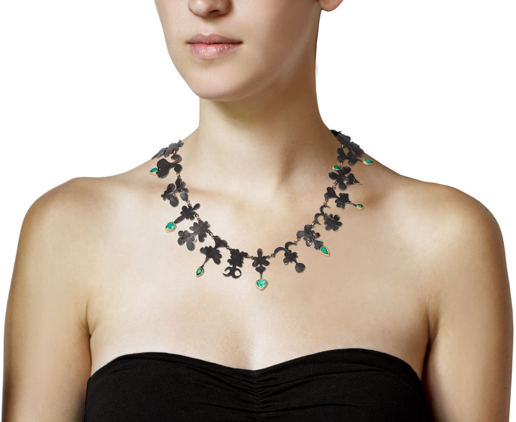 Blackened Sterling Silver Mish Mash and Emerald Necklace