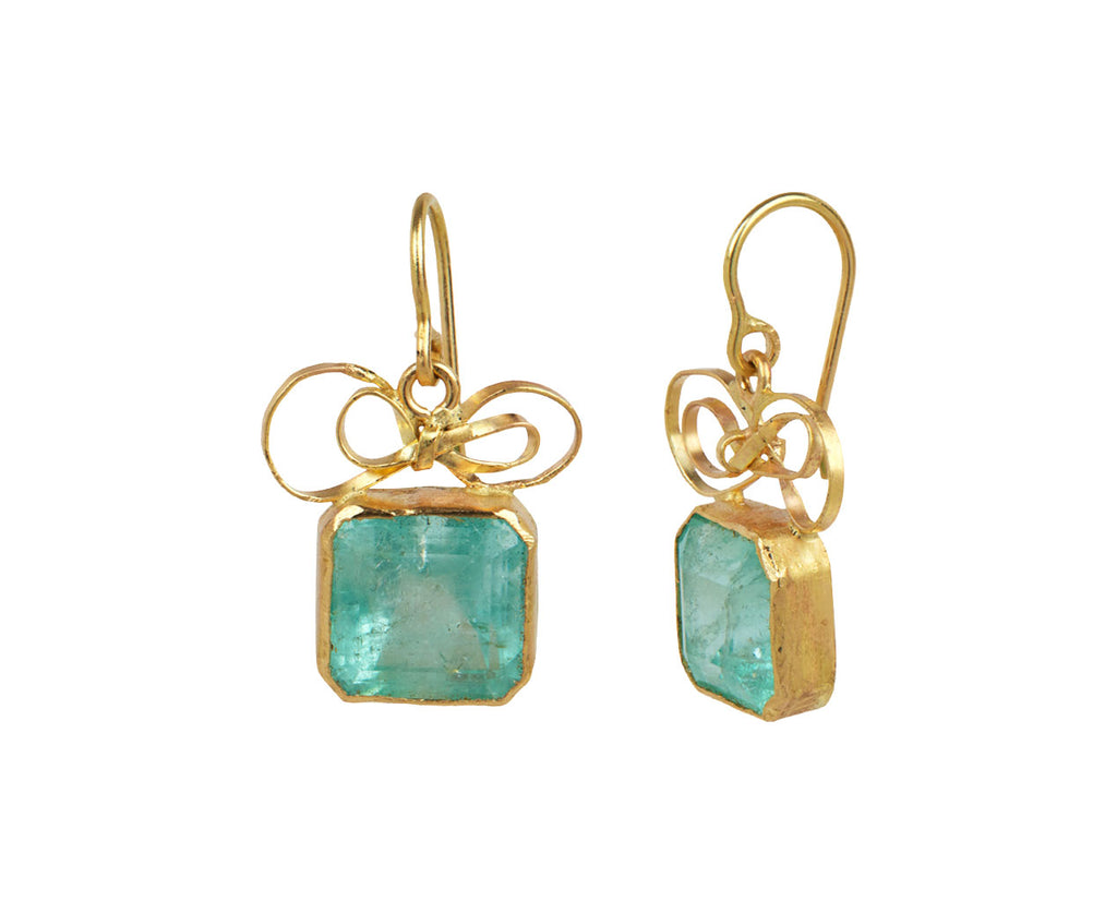 Judy Geib Square Colombian Emerald Bow Top Earrings Side View