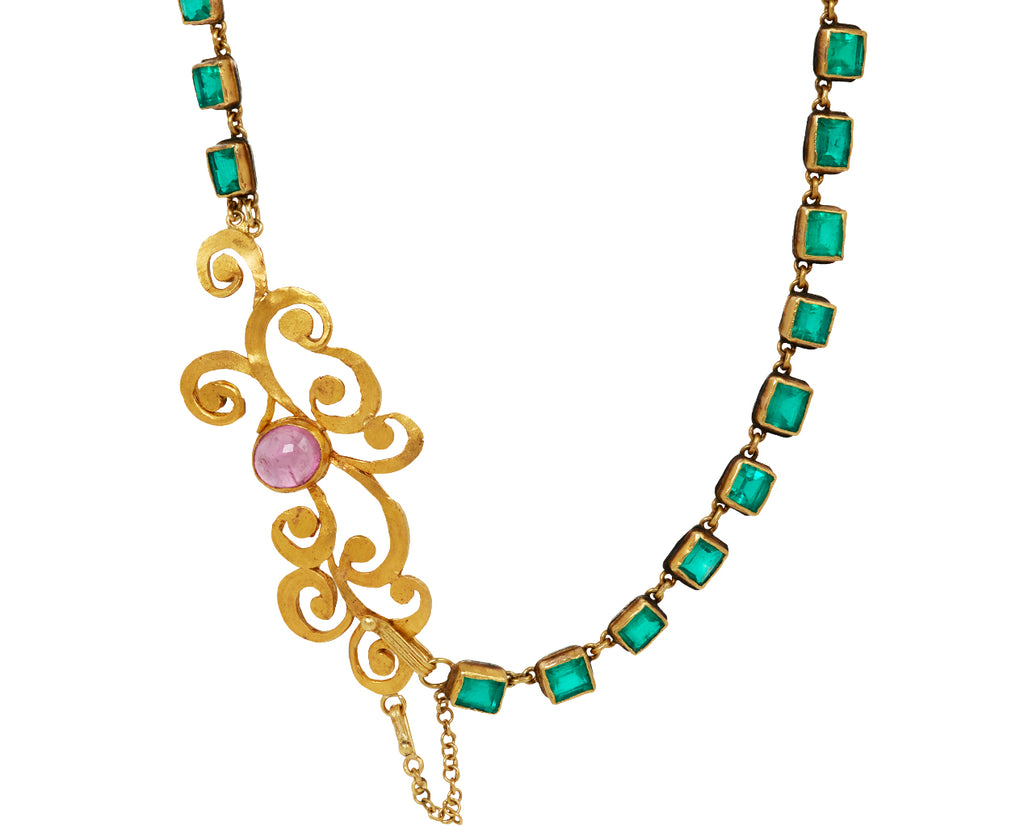 Full Colombian Emerald Necklace with Swooshy Pink Tourmaline Clasp - TWISTonline 