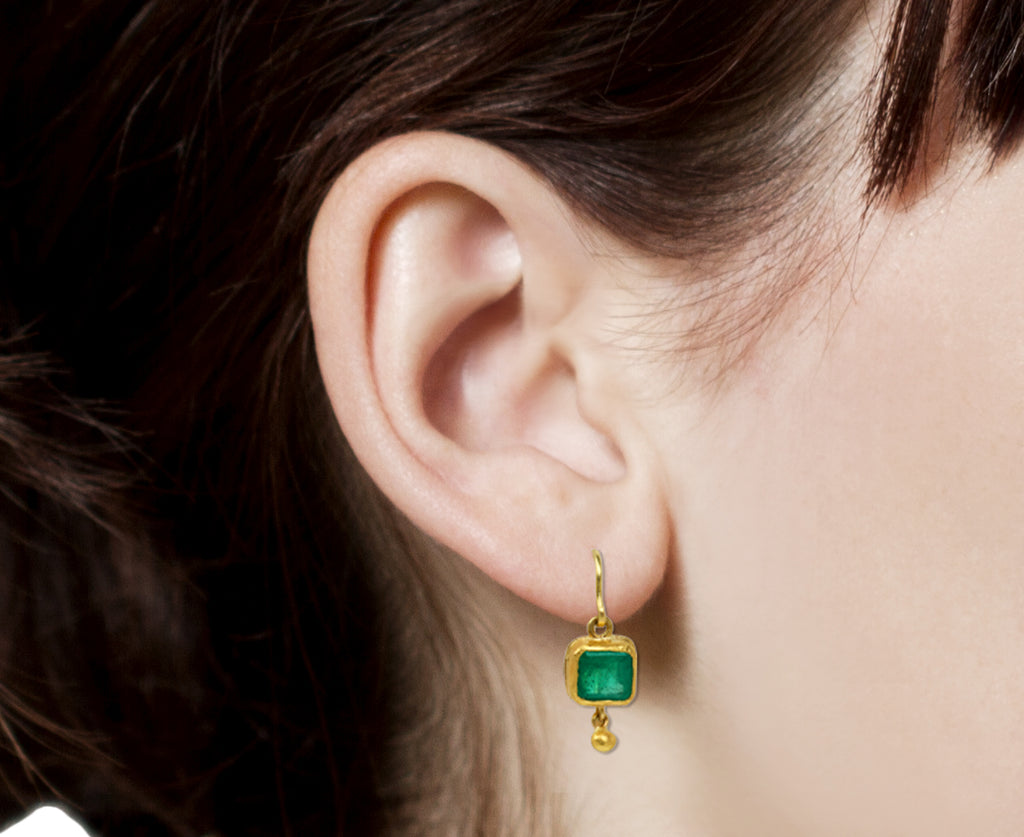Squarish Colombian Emerald Ball Drop Earrings
