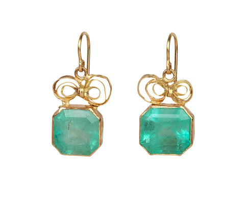 Square Colombian Emerald Bow Top Earrings