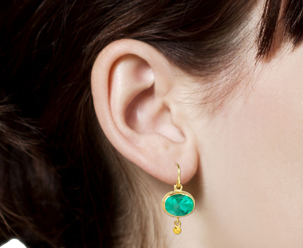 Bright Colombian Emerald Gold Ball Drop Earrings