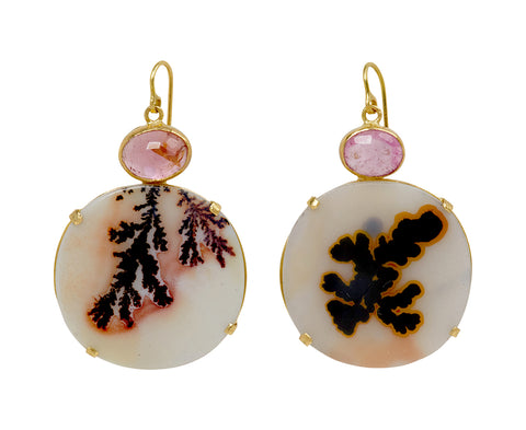 Pink Tourmaline and Red Halo Dendritic Agate Earrings