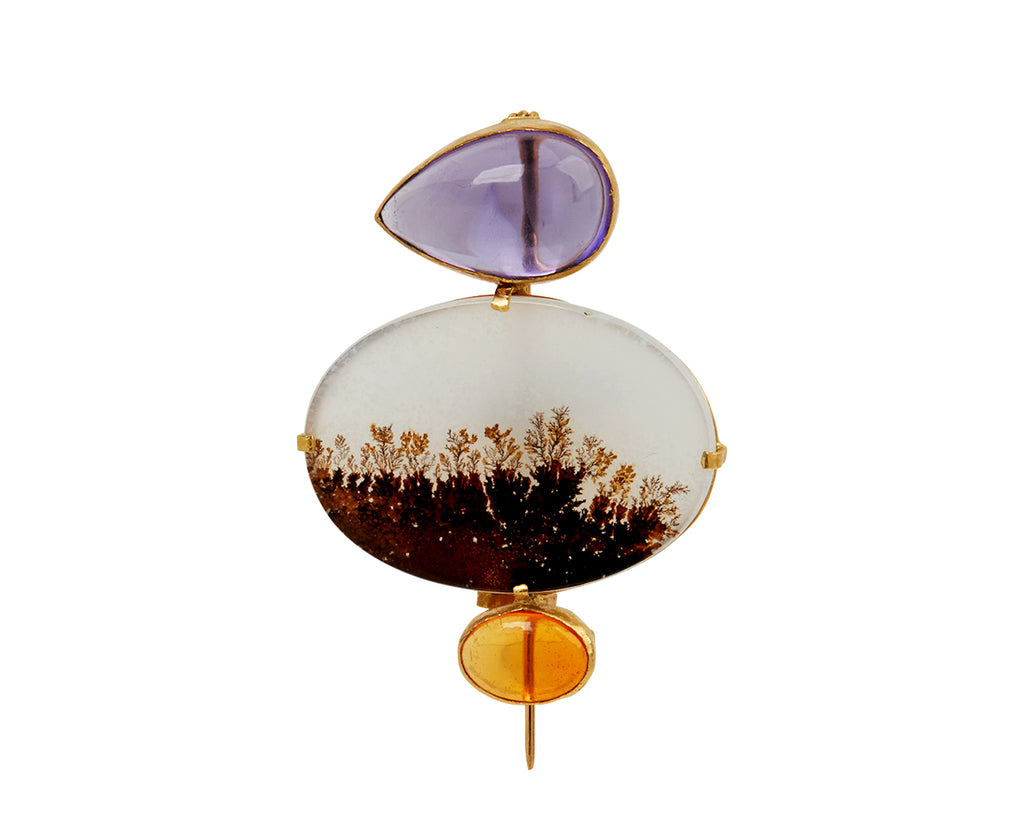 Lovely dendritic agate pin with 12.84 carat amethyst above, 1.94 carat fire opal below, set in 18K gold - TWISTonline 