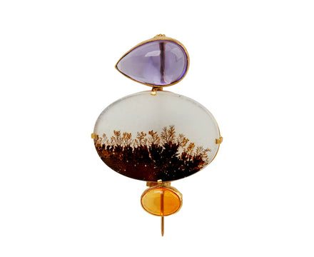 Lovely dendritic agate pin with 12.84 carat amethyst above, 1.94 carat fire opal below, set in 18K gold - TWISTonline 