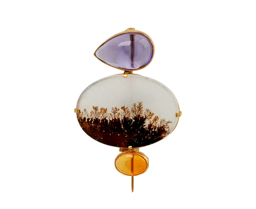 Lovely dendritic agate pin with 12.84 carat amethyst above, 1.94 carat fire opal below, set in 18K gold - TWISTonline 
