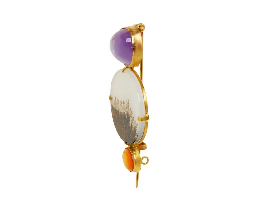 Lovely dendritic agate pin with 12.84 carat amethyst above, 1.94 carat fire opal below, set in 18K gold - TWISTonline 
