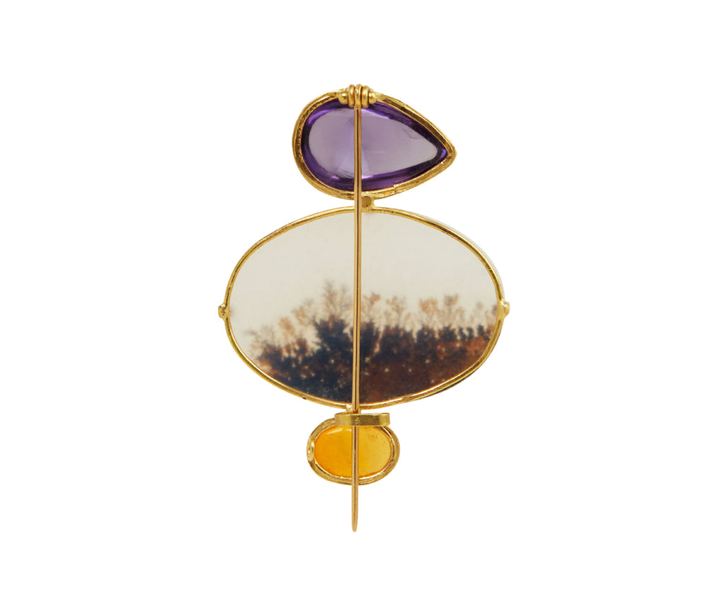 Lovely dendritic agate pin with 12.84 carat amethyst above, 1.94 carat fire opal below, set in 18K gold - TWISTonline 