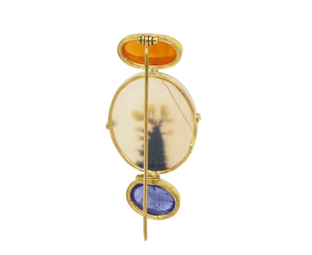 Fire Opal and Tanzanite Mineral Life Dendritic Agate Pin