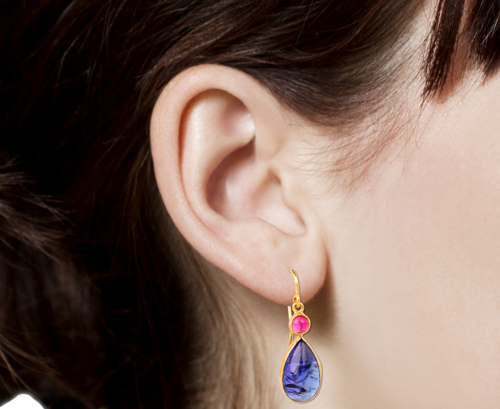 Judy Geib Round Pink Tourmaline Teardrop Tanzanite Earrings CLose Up Profile
