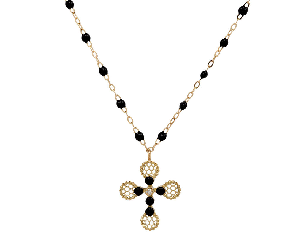 Black Pearled Lace Cross Pendant Necklace