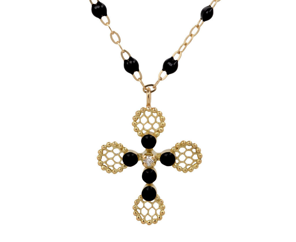 Black Pearled Lace Cross Pendant Necklace - Closeup