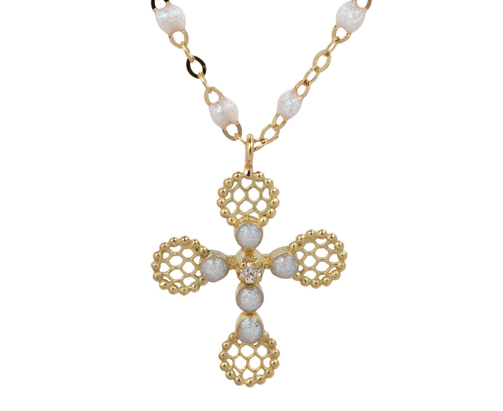 Gigi Clozeau Opal Pearled Lace Cross Pendant Necklace - Closeup