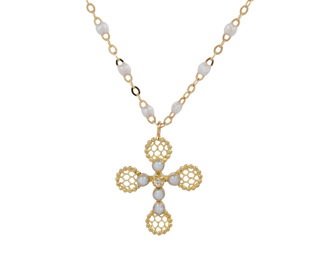 Gigi Clozeau Black Pearled Lace Cross Pendant Necklace - Closeup