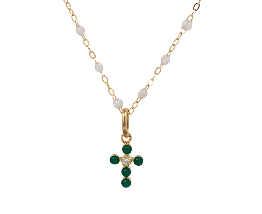 Gigi Clozeau Emerald Pearled Mini Gigi Cross Pendant ONLY - Closeup