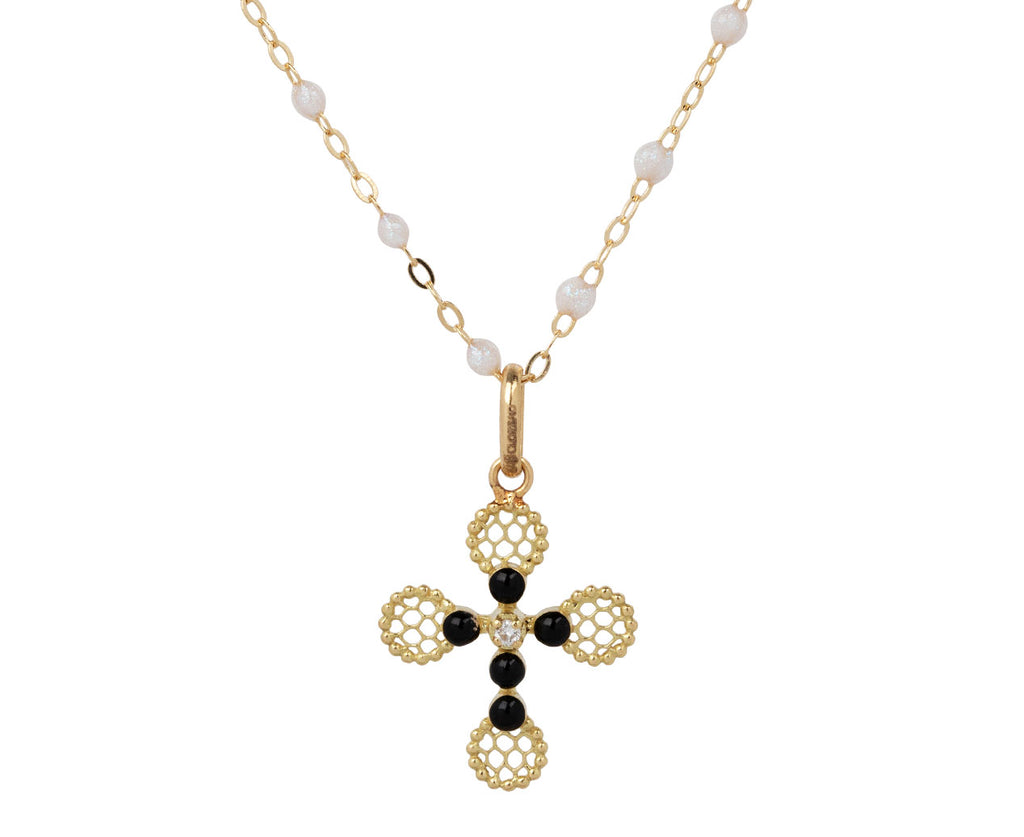 Gigi Clozeau Black Pearled Lace Cross Charm - Closeup