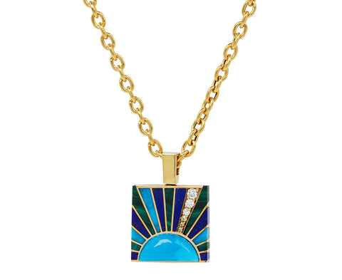 Malachite, Turquoise and Lapis Inlay Diamond Sun Ray Necklace