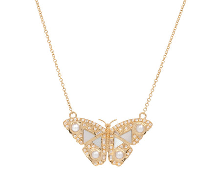 Diamond and Pearl Butterfly Pendant Necklace