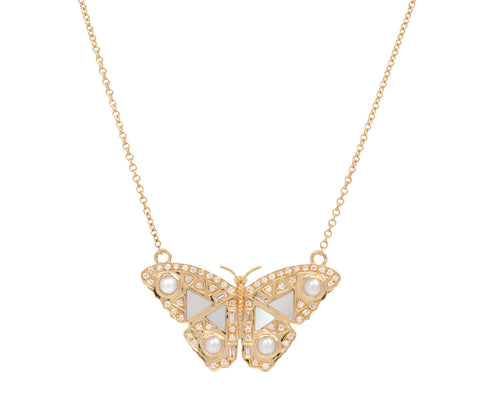 Diamond and Pearl Butterfly Pendant Necklace