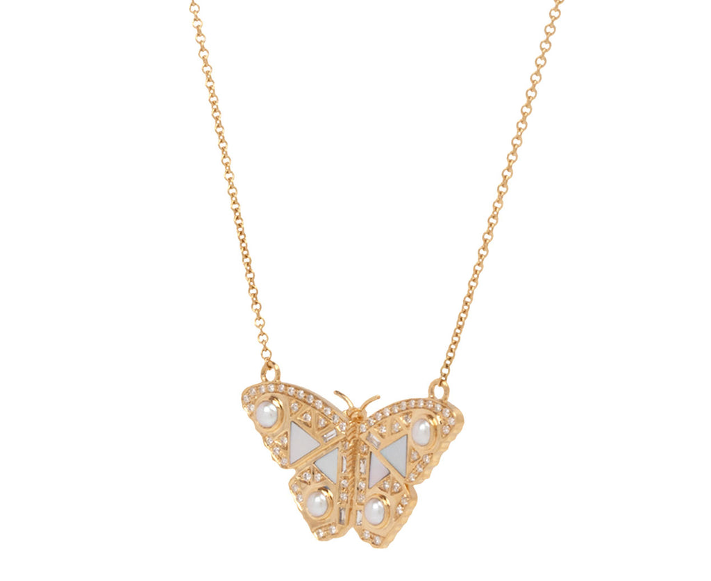 Diamond and Pearl Butterfly Pendant Necklace