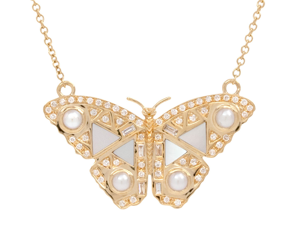 Diamond and Pearl Butterfly Pendant Necklace