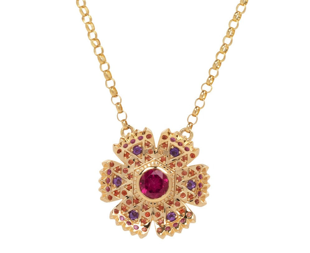 Rubellite, Amethyst and Orange Sapphire Petunia Necklace