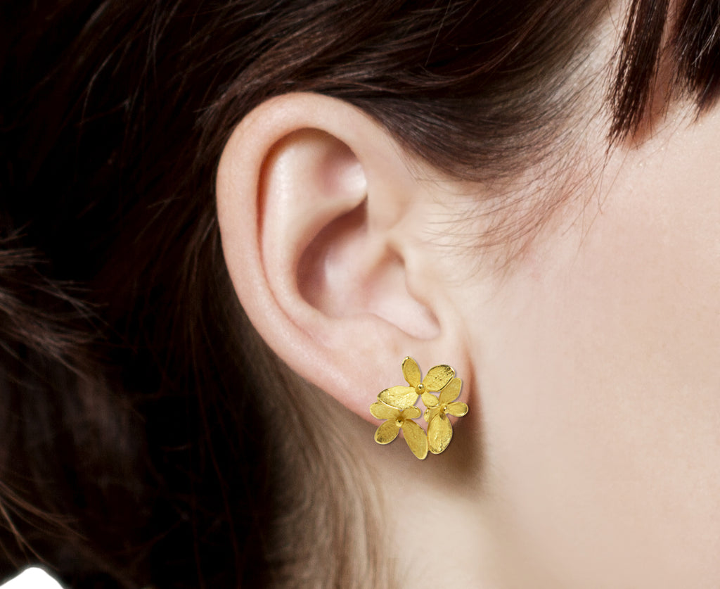 Three Part Gold Hydrangea Post Earrings