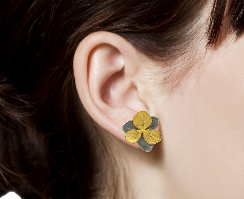Blackened Silver and Gold Hydrangea Earrings