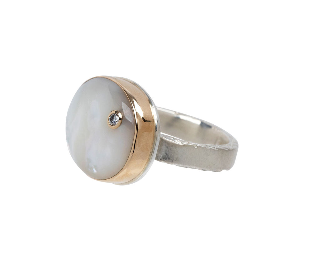 Jamie Joseph Smooth Oval Mother of Pearl and Diamond Ring - Angled View