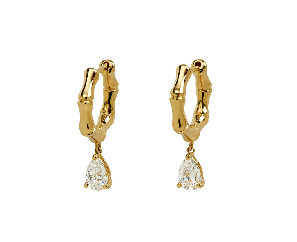 Small Bamboo Huggie with Pear Diamond Drop Earrings