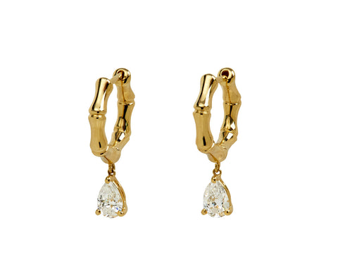 Small Bamboo Huggie with Pear Diamond Drop Earrings