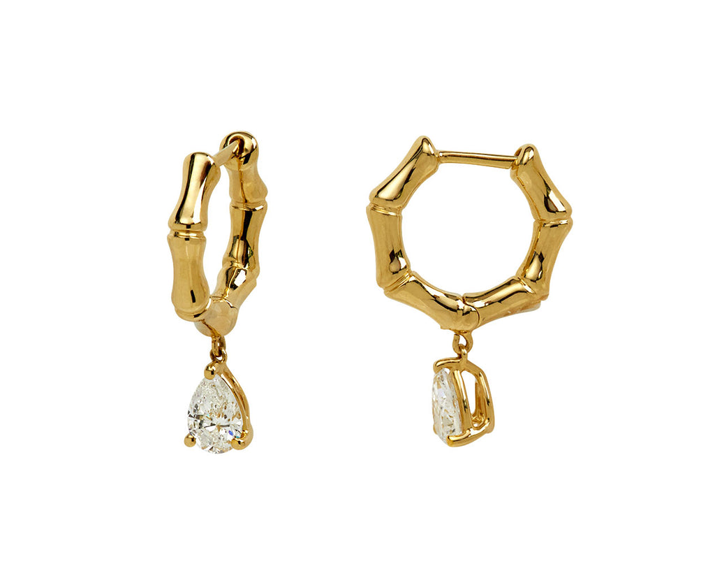 Small Bamboo Huggie with Pear Diamond Drop Earrings