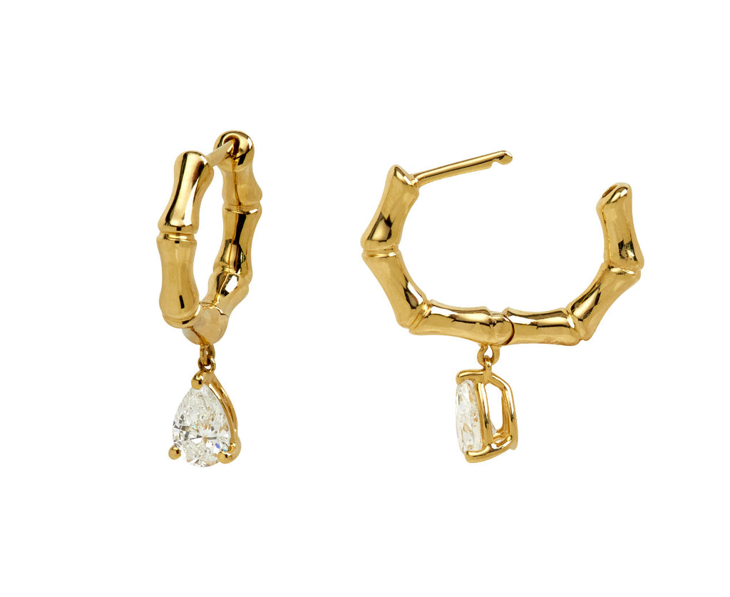 Small Bamboo Huggie with Pear Diamond Drop Earrings