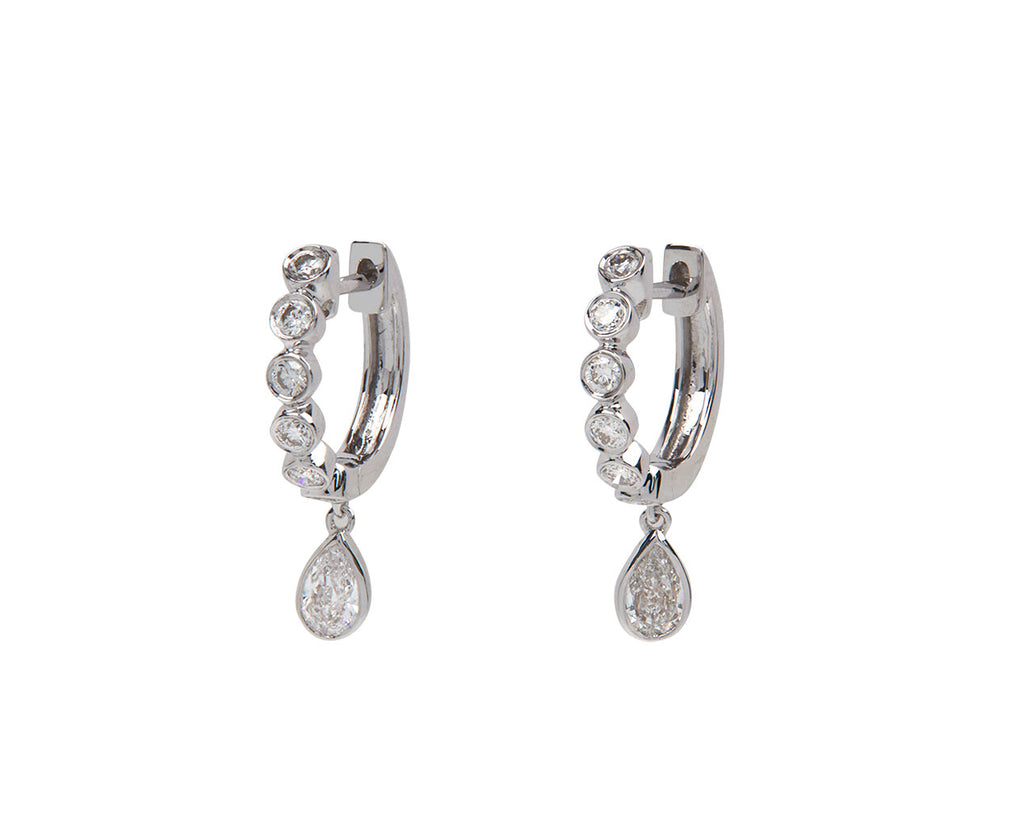 Round and Pear Diamond Bezel Drop Huggie Hoop Earrings