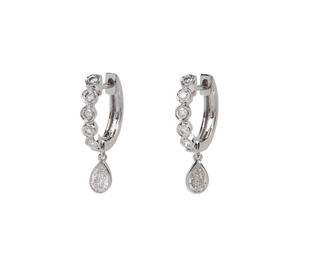 Round and Pear Diamond Bezel Drop Huggie Hoop Earrings