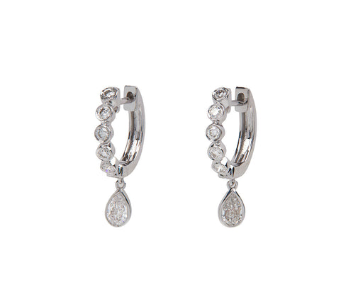Round and Pear Diamond Bezel Drop Huggie Hoop Earrings