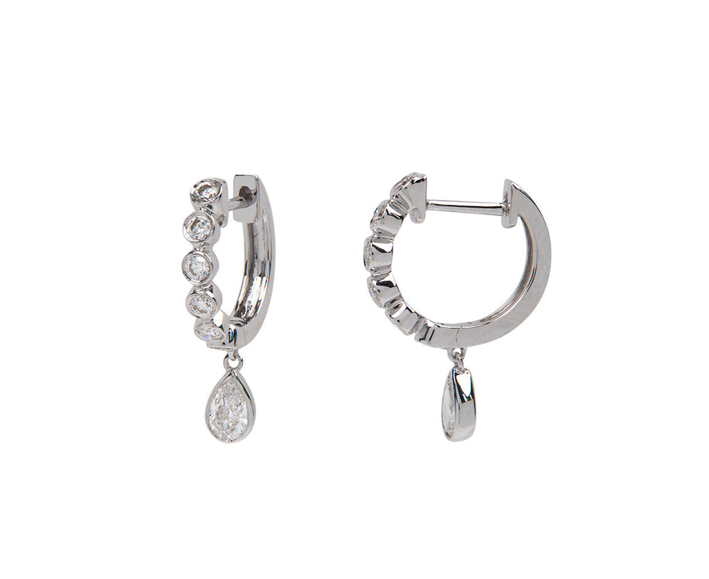 Round and Pear Diamond Bezel Drop Huggie Hoop Earrings