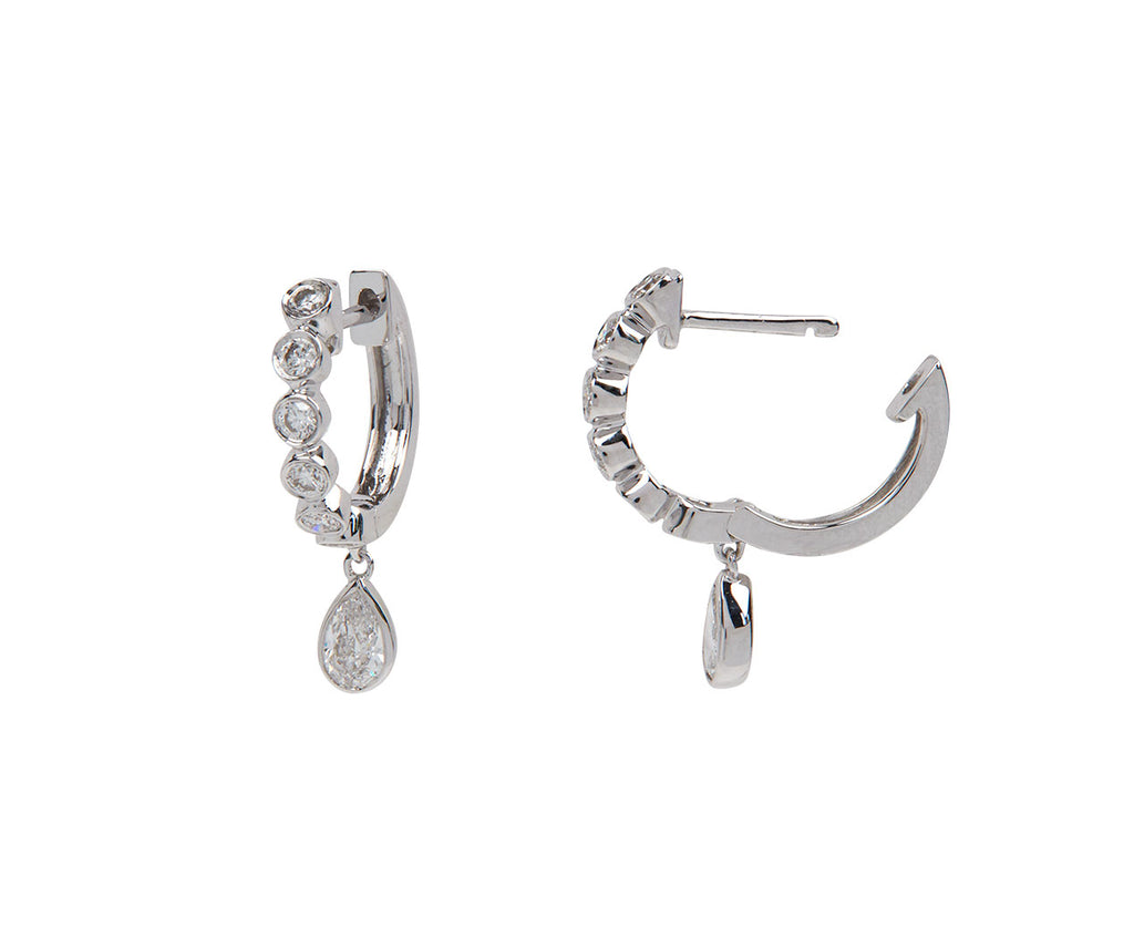 Round and Pear Diamond Bezel Drop Huggie Hoop Earrings