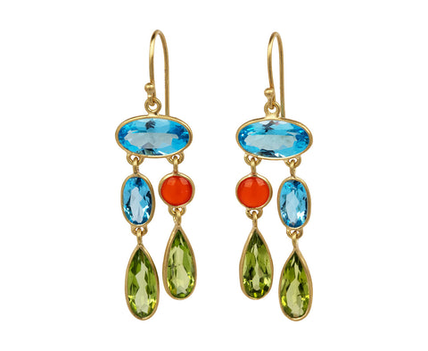 Kothari Elements Blue Topaz, Peridot and Carnelian Dancing Chandelier Earrings