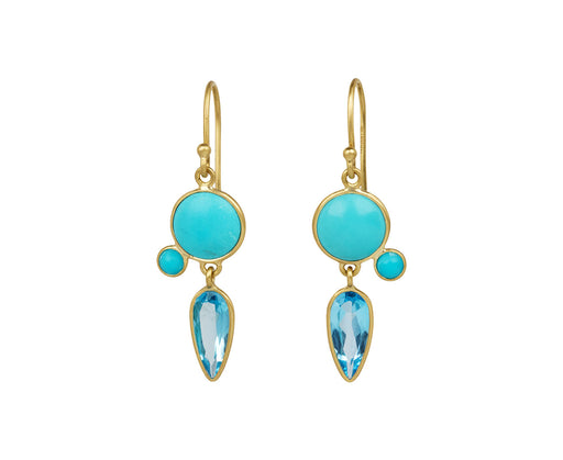 Turquoise and Blue Topaz Champa Leaf Binode Earrings