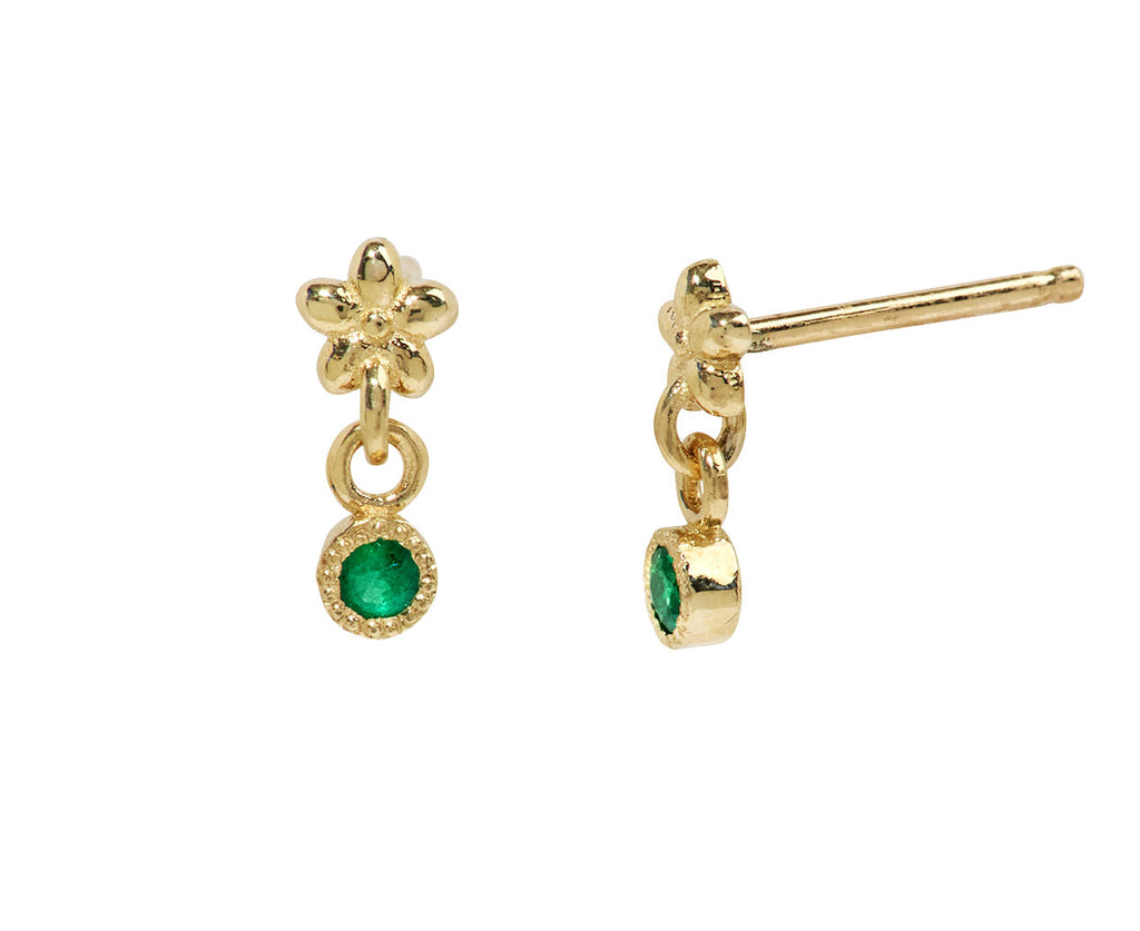 Gold Flower and Emerald Dangle Earrings