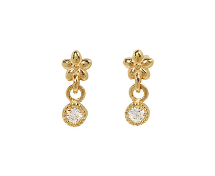 Gold Flower and Diamond Dangle Earrings