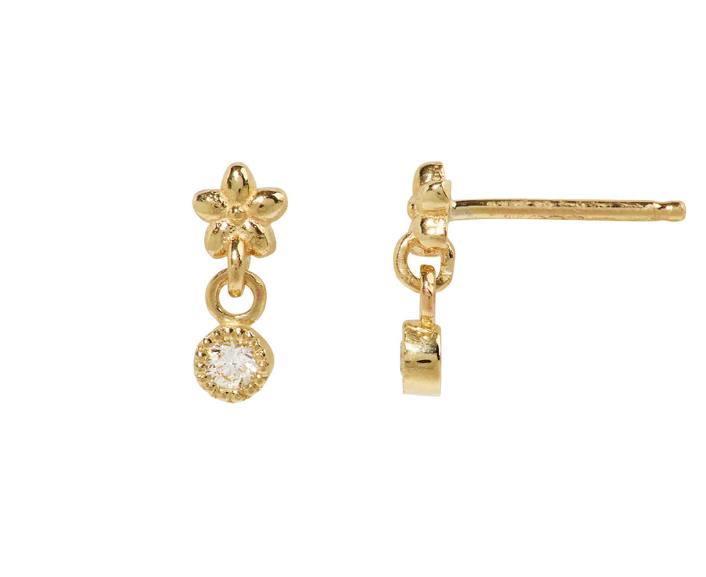 Gold Flower and Diamond Dangle Earrings