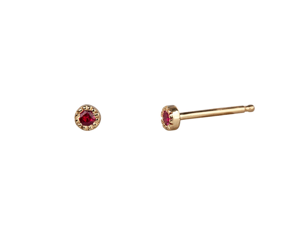 Jennie Kwon Tiny Ruby Moon Drop Stud Earring - Closeup Side View