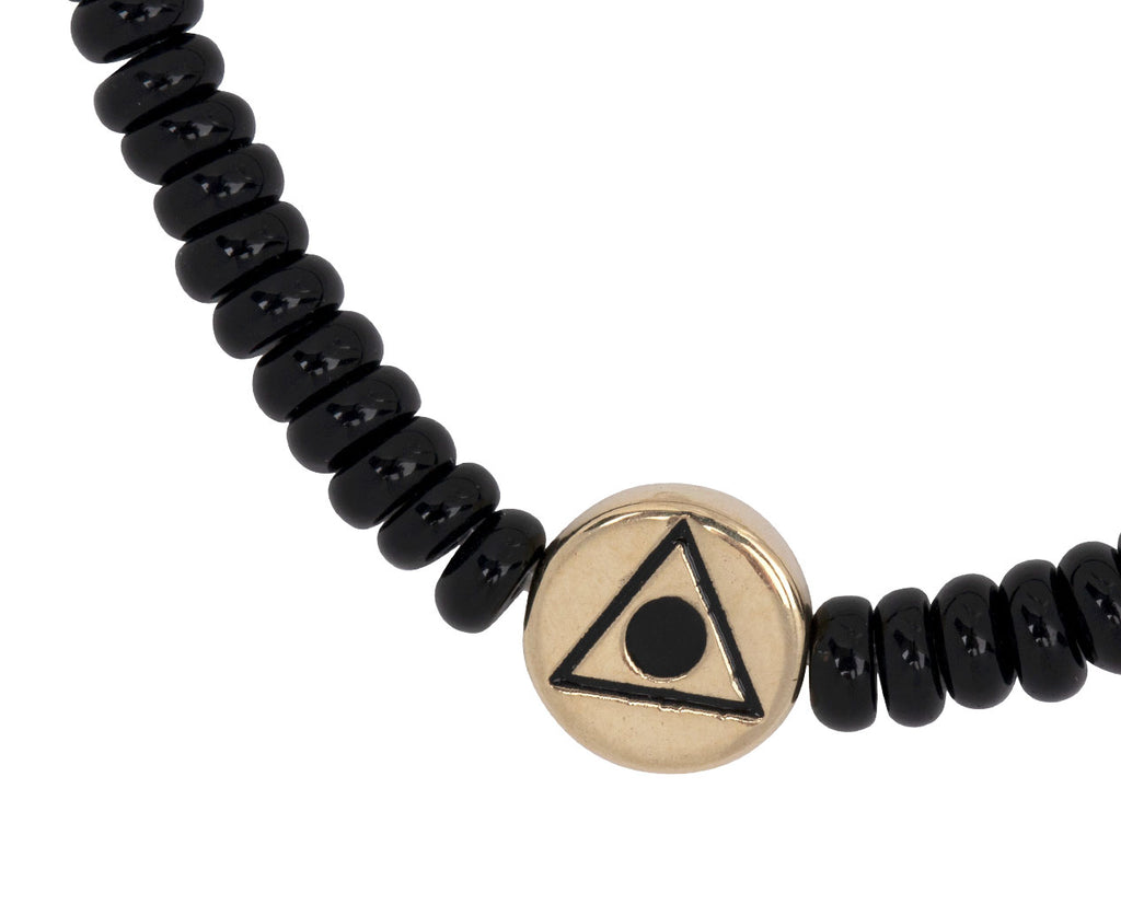 Luis Morais Light of the Majestic Recessed Enameled Gold Disk on Onyx Beaded Bracelet - Closeup