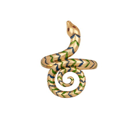 Lunar Rain Blue and Green Spiral Tailed Snake Ring