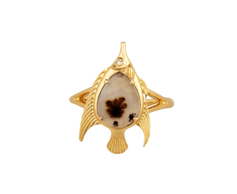 Lunar Rain Dendritic Agate Angel Fish Ring